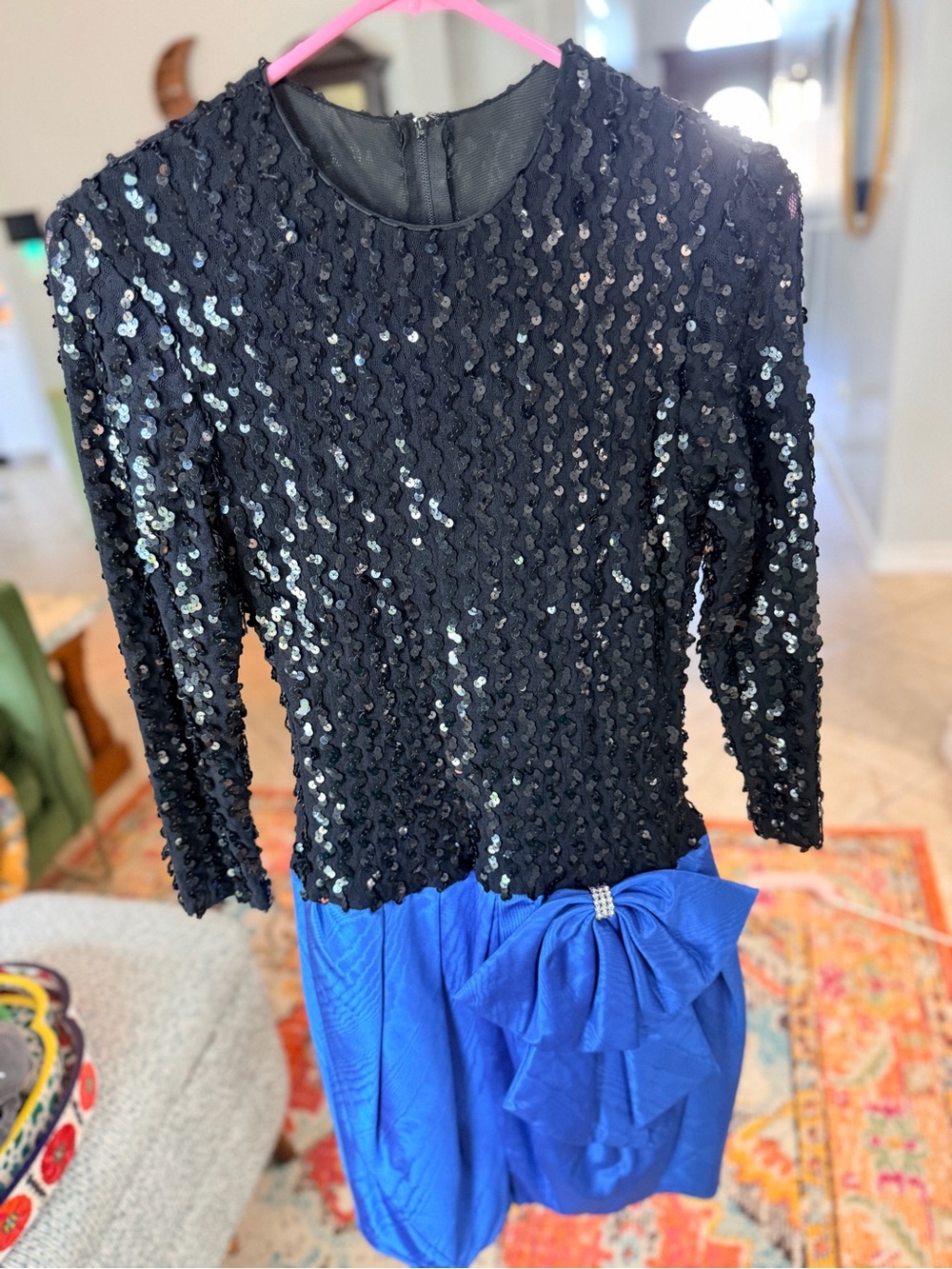 Vintage Stenay Drop-Waist Dress, sequin black with Royal Blue Bow Skirt